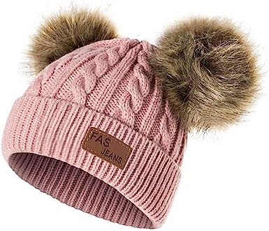 Photo 1 of Infant Toddler Beanie Woolen Hat Pure Color Winter Twist Double Pom Pom Wool Knitted Cap for 1-3 Years Old 