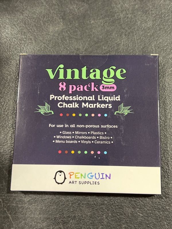 Photo 1 of PENGUIN ART SUPPLIES Liquid Chalk Markers, Set of 8-3mm Fine Tip Chalkboard Markers with 24 Chalk Stickers - Colored Chalk Erasable Pen with Reversible Tip for Glass, White board, and Chalkboard 1 Count (Pack of 1) Vintage