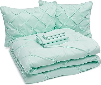 Photo 1 of [Size Twin/Twin XL] Amazon Basics 7-Piece Lightweight Microfiber Bed-In-A-Bag Comforter Bedding Set, Jade Mint Pinch Pleat, Solid