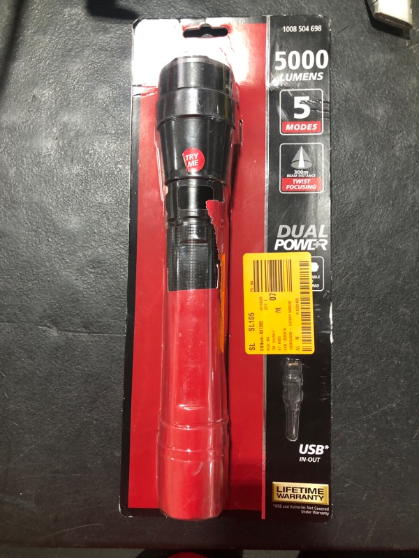 Photo 1 of Husky 5000 Lumens Dual Power LED Rechargeable Focusing Flashlight with Rechargeable Battery and USB-C Cable Included, Black
