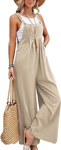 Photo 1 of [Size XL] Oulivey Women's Cotton Linen Wide Leg Jumpsuits Sleeveless Loose Adjustable Shoulder Straps Baggy Overalls with Pockets 