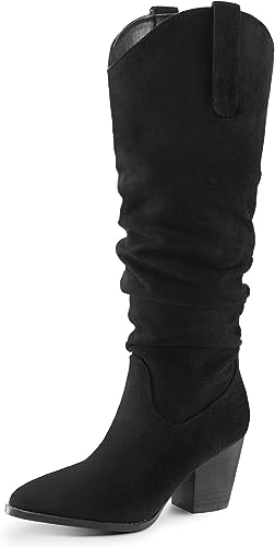 Photo 1 of [Size 11] mysoft Women's Cowboy Knee-High Boots Pointed Toe Wide Calf Mid Chunky Heel Pull On Slouchy Boots with Zippers 