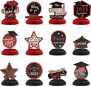 Photo 1 of 12 Pcs Graduation Decorations Class of 2023 - Congrats Grad Honeycomb Table Decorations - Congratulate Graduation Centerpieces for High School College - Graduation Party Supplies (Black Red) 