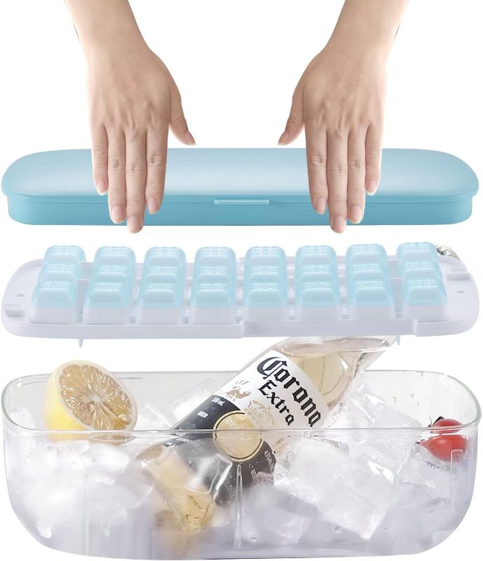 Photo 1 of  Silicone Ice Cube Tray with Lid and Bin,One Press Release All Ice Cube,Small Ice Cube Tray with 24 Ice Cubes for Freezer,BPA Free for Whisky,Beer,Cocktail,Coffee,Soda,Juice?Blue?
