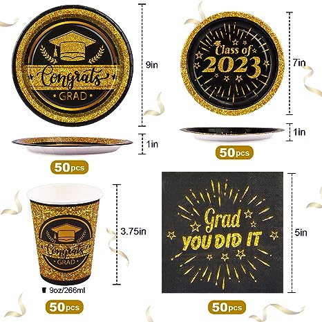 Photo 1 of 200pcs Graduation Party Supplies Plates and Napkins Cups Serve50, Black and Gold Class of 2023 Disposable Dinner Dessert Plates Cocktail Napkins Beverage Cups Dinnerware Set Congrats Grad Decorations
