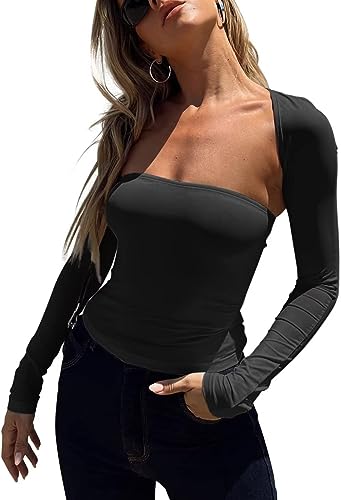 Photo 1 of Allytok Womens Long Sleeve Cropped Cardigan Bolero Shrugs and Bandeau Tube Tops Y2K Fashion Streetwear Summer Girls 2 Piece Set Black Large