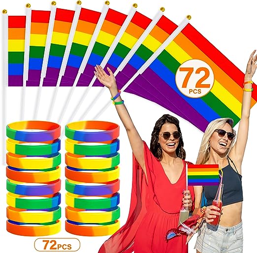 Photo 1 of 144PCS Pride Stuff, 72 Pack Pride Flags 72PCS Pride Bracelets, Handheld Rainbow LGBTQ Flags Rubber Pride Bracelets Bulk, Gay Pride Flags Wristband Accessories Stuff for Parade Party Favors Supplies
