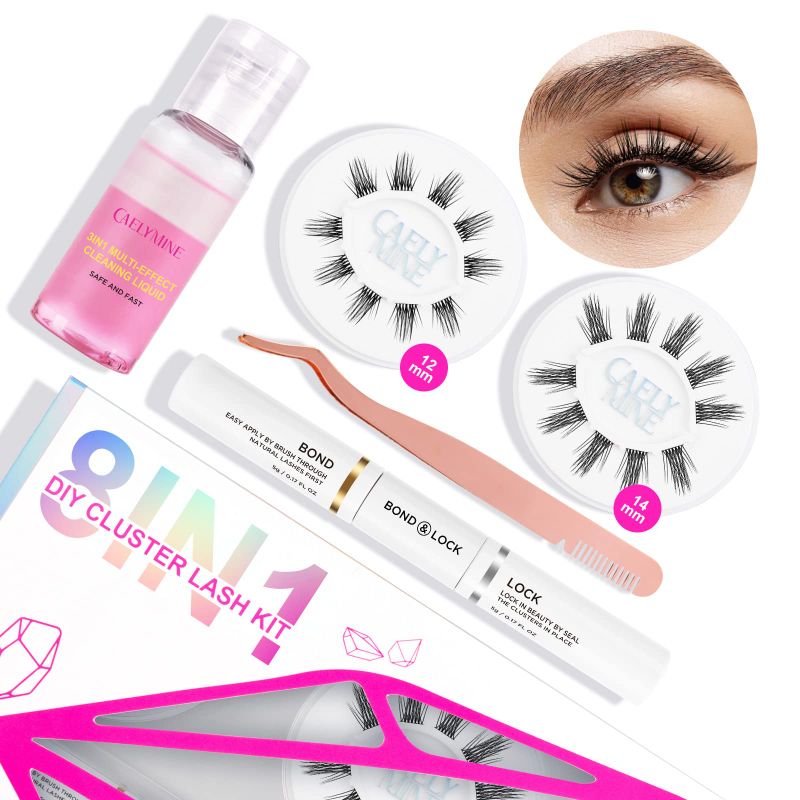 Photo 1 of CAELYMINE DIY Lash Extension Kit With 12/14mm cluster lash, Eyelash Extension Wisp Applicator Applicator and Bond & Seal, Eyelash Extension Remover (705) 705 Black Kit 12&14mm