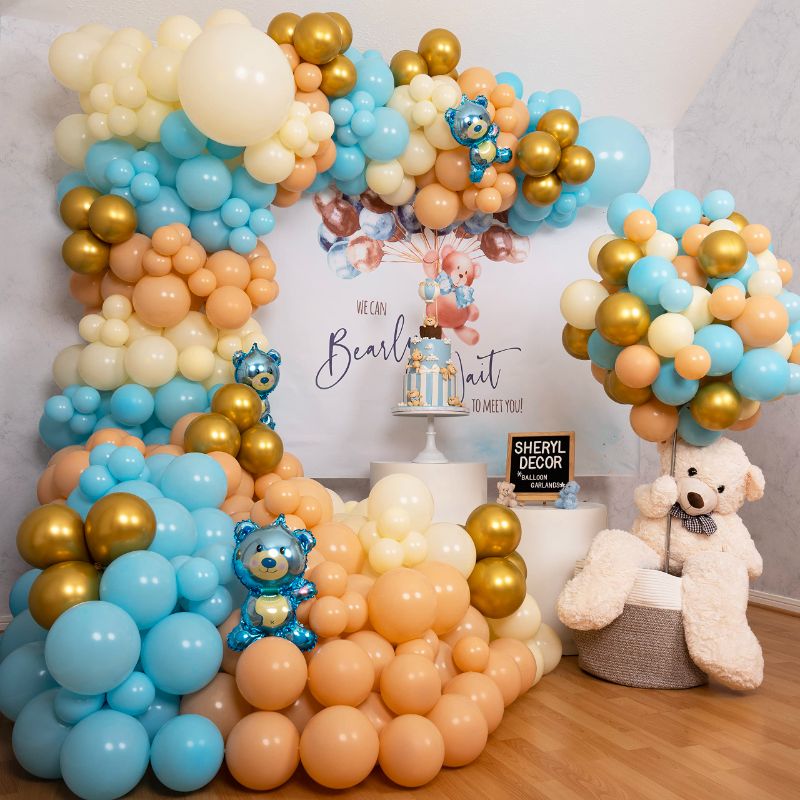 Photo 1 of 100pc, EASY DIY – Teddy Bear Balloon Garland & Arch with BONUS Teddy Balloon – Blue and Brown Teddy Bear Baby Shower Balloons for Boy – We Can Bearly Wait Baby Shower Decorations For Boy Theme Baby Blue, Blush, Gold, Ivory