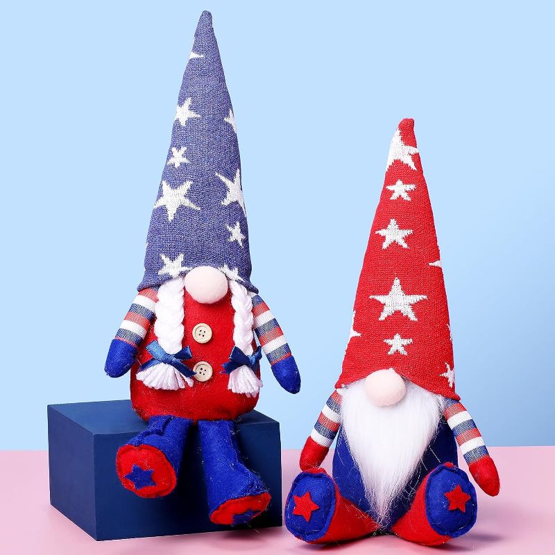 Photo 1 of 2Pcs 4th of July Patriotic Gnomes Plush-Mr & Mrs Handmade Swedish Tomte Gnomes Ornaments for Patriotic Party Table Decor? Fourth of July Party Home Mantle Fireplace Decor (Triangle hat)
