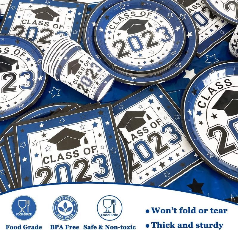 Photo 1 of 2023 Graduation Decorations Blue Class of 2023 Graduation Plates and Napkins Disposable ,Cups and Tablecloth- Serves 30