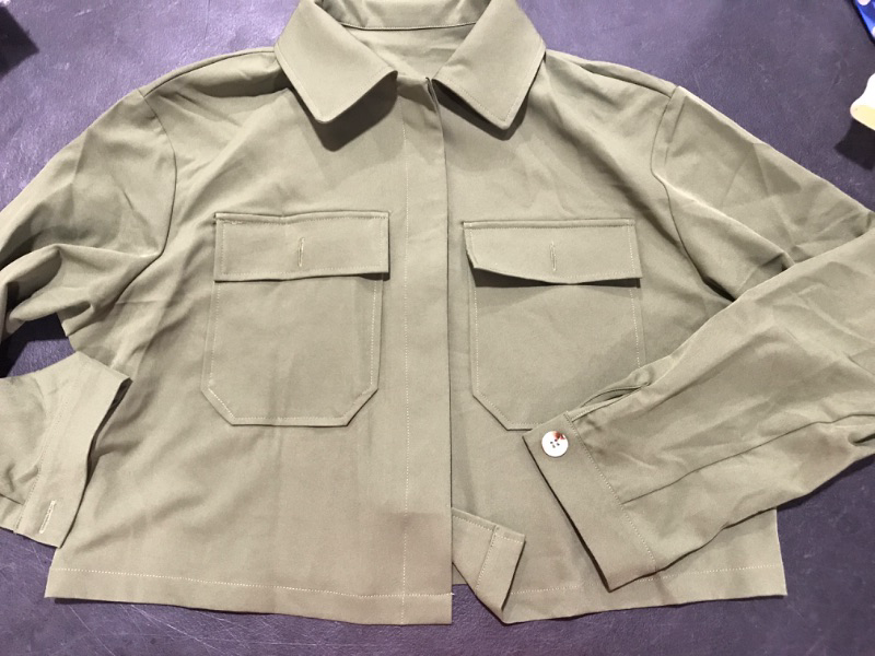 Photo 1 of [Size XL] Women's Crop Button Up Long Sleeve Shirt- Olive Green
