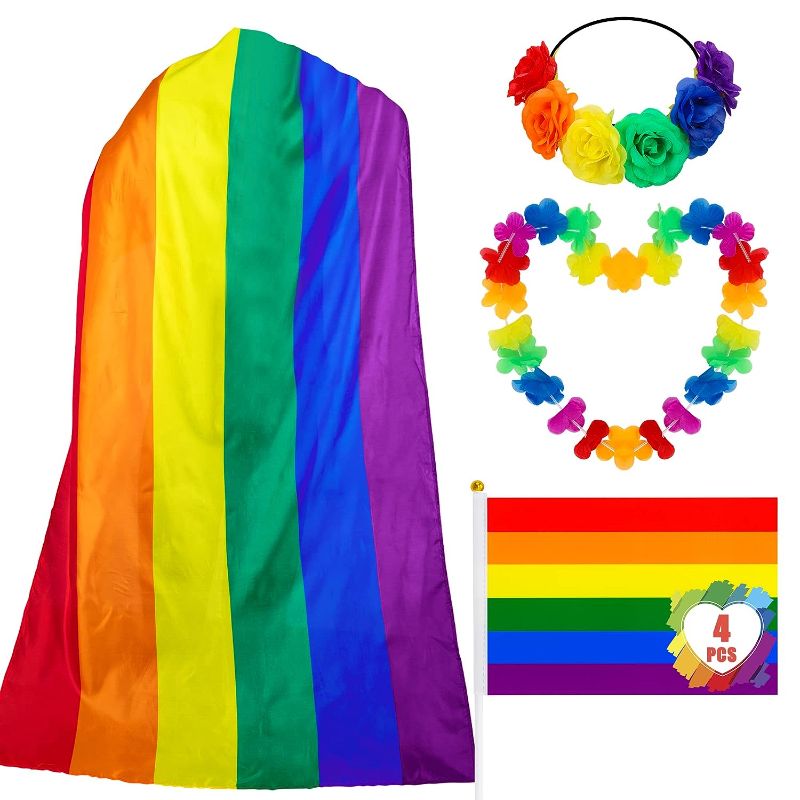 Photo 1 of 4 PCS Pride Stuff, Polyester Rainbow LGBT Flag Cape Handheld Flags, Universal Pride Flower Headband & Rainbow Leis, Essential Pride Accessories for Pride Month Parades Party Gay LGBTQ Community 