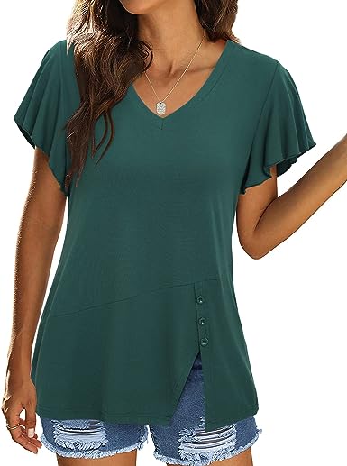 Photo 1 of [Size L] Altelime Womens Tops Knit Shirts Ruffle Short Sleeve Top V Neck Tunic Tops Fashion Soft Blouse- Dark Green