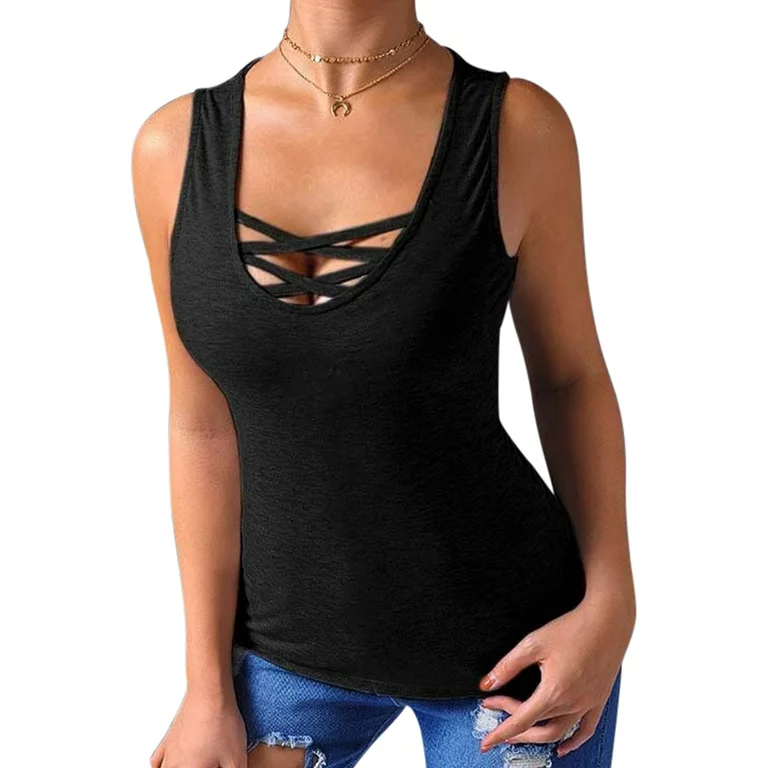 Photo 1 of [Size S] Women Summer Criss Cross Casual Tank Tops Sleeveless Basic Lace up Blouse -Black 
