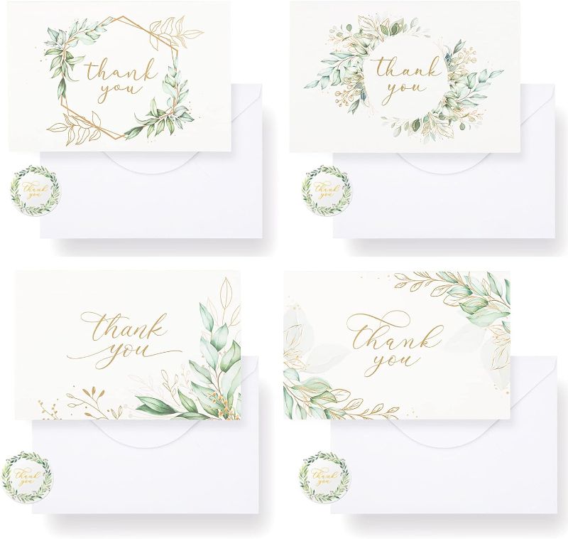 Photo 1 of 100 Pack Greenery Thank You Cards, 4x6 Gold Foil Eucalyptus Wedding Cards Blank Thank You Notes with Envelopes Bulk for Baby Shower Bridal Birthday Business