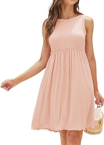 Photo 1 of Dress for Women Sleeveless Summer Crewneck High Waist Dress Cute Ruffle Swing Flowy A-Line Sun Tank Short T Shirt Dresses Medium 