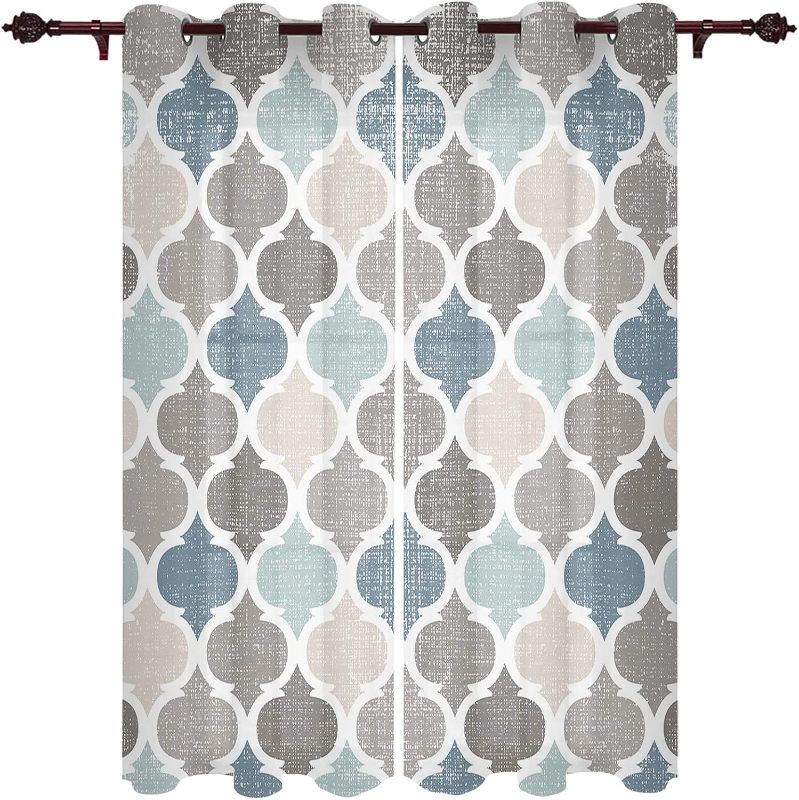 Photo 1 of Houseall Farmhouse Sheer Window Curtains 2 Panels, Moroccan Blue Grey Geometric Plaid 40Wx63L x2 