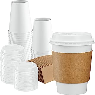 Photo 1 of  [50 Sets 8oz]. Disposable White Coffee Cups with White Lids, Sleeves - To Go Paper Hot Cups
