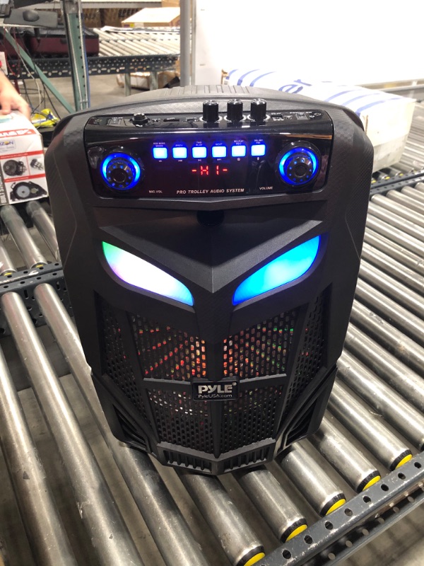 Photo 2 of Pyle Portable Bluetooth PA Speaker System-800W 12” Indoor/Outdoor Bluetooth Speaker Portable PA System-Party Lights, USB SD Card Reader,FM Radio, Rolling Wheels-Wireless microphone,Remote- PPHP121WMB

