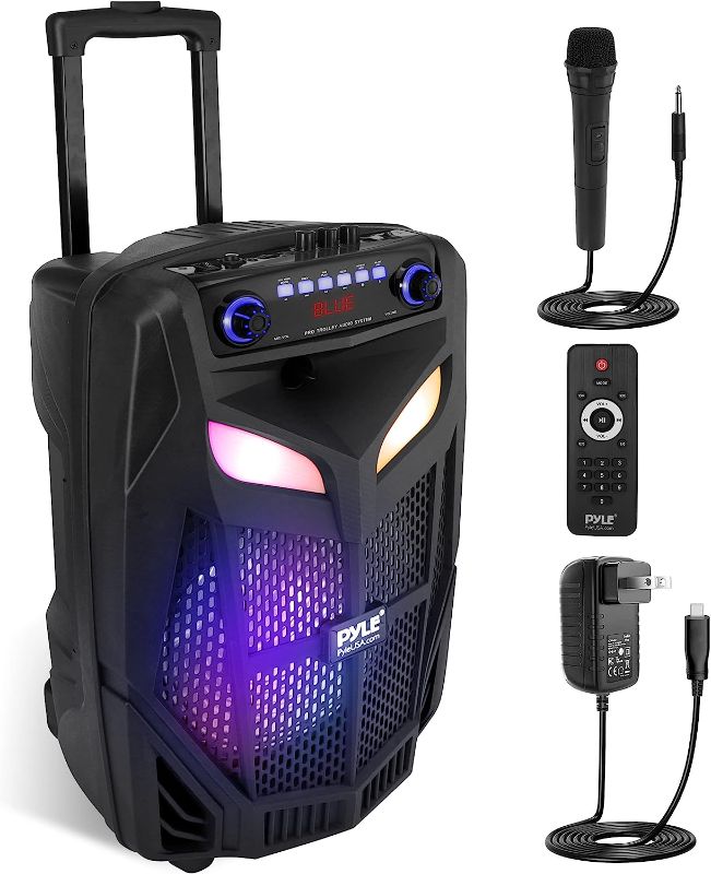 Photo 1 of Pyle Portable Bluetooth PA Speaker System-800W 12” Indoor/Outdoor Bluetooth Speaker Portable PA System-Party Lights, USB SD Card Reader,FM Radio, Rolling Wheels-Wireless microphone,Remote- PPHP121WMB

