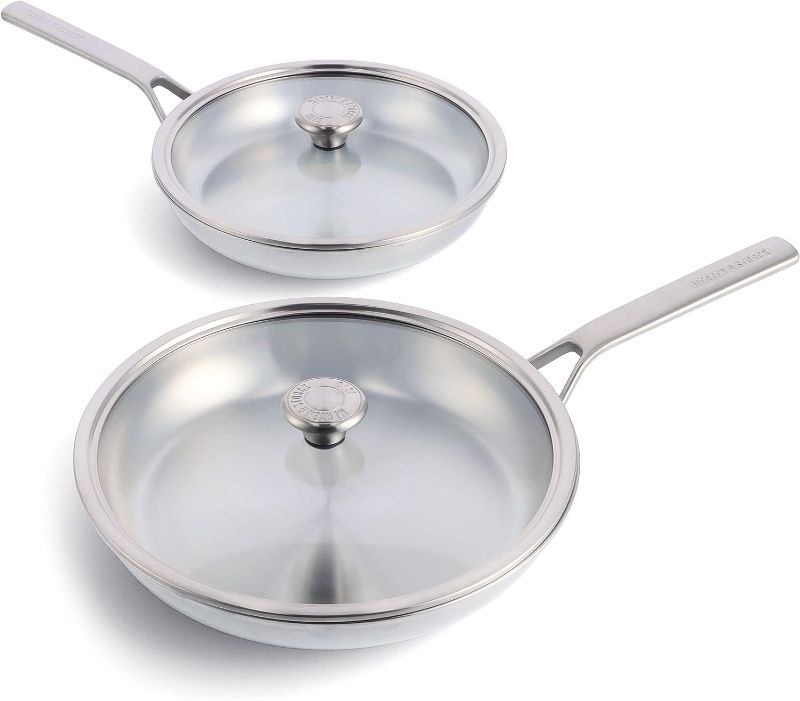 Photo 1 of  Merten & Storck Tri-Ply Stainless Steel 10" & 12" Frying Pan Skillet Set with Glass Lids, Professional Cooking, Multi Clad, Drip-Free Pouring Edges, Browning, Induction, Durable,Oven & Dishwasher Safe 