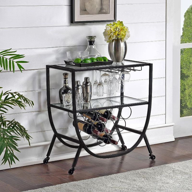 Photo 1 of  FirsTime & Co. Black Catalina Bar Cart, Slim Kitchen Serving Cart and Coffee Cart with Storage for Liquor and Glasses, Metal and Glass, Glam, 29.25 x 16 x 29.75 inches, Black 