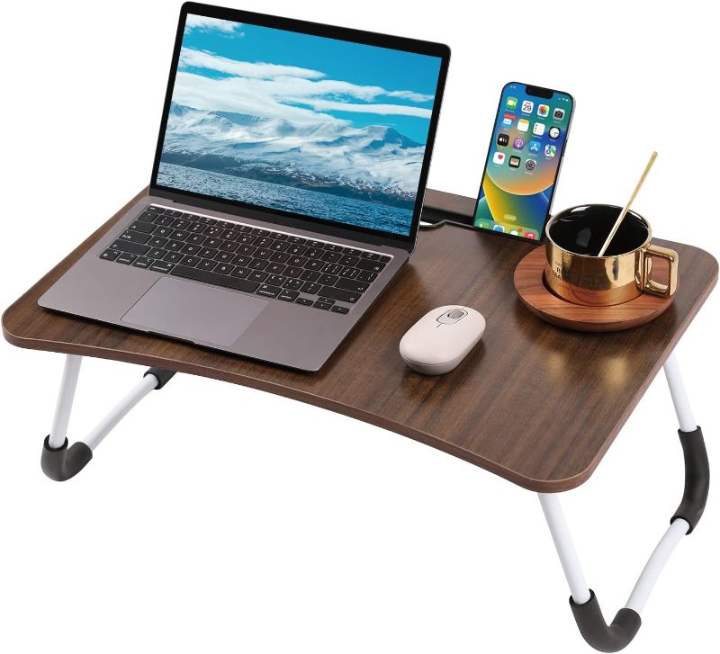 Photo 1 of GhostFire Lap Laptop Desk with Cup Holder,Tablet Holder and 4 Anti-Slip Pads Portable Laptop Bed Frame and Foldable Leg Bed Table Tray for Working, Studying, Eating (Dark Brown Wood Grain) 