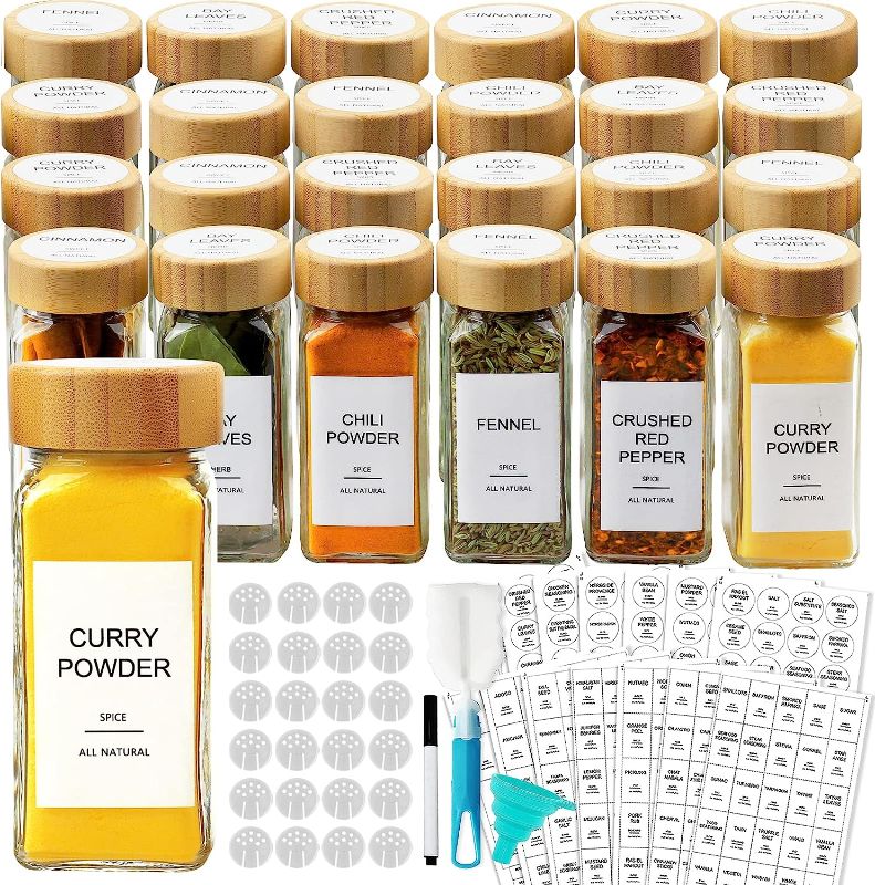 Photo 1 of  AISIPRIN 24 Pcs Glass Spice Jars with Bamboo Airtight Lids and 398 Labels, 4oz Empty Square Containers Seasoning Storage Bottles - Shaker Lids, Funnel, Brush and Marker Included 