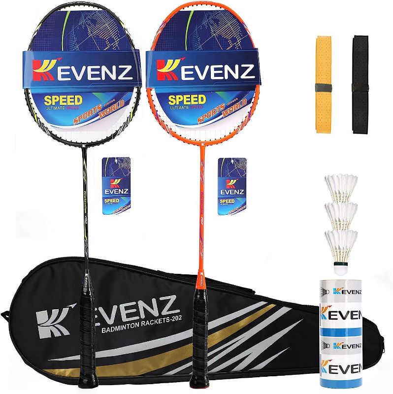 Photo 1 of  KEVENZ Badminton Racket Set, 2 Carbon Fiber Badminton Racquet, 3 Goose Feather Badminton Birdie, 2 Racket Grip and 1 Carring Bag 