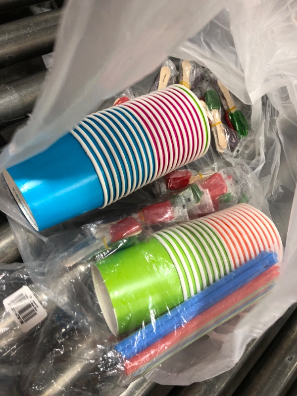 Photo 2 of 130 Piece Multi-Colored Snow Cone/Shaved Ice Kit - Includes 40 (12oz) Yellow, Pink, Green and Blue Cups, 40 Candy Spoons, and 50 Neon Straws - Perfect for Birthdays, Sporting Events, Festivals Striped Cups - Candy Spoons