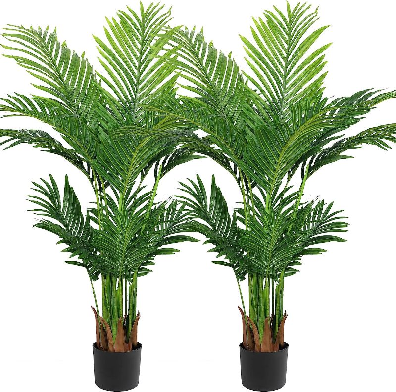 Photo 1 of  VIAGDO Artificial Kentia Palm Tree 4ft Tall Fake Palm Tree Decor with 15 Trunks Faux Tropical Palm Silk Plant Potted Dypsis Lutescens Plants for Modern Home Office Floor Corner Decor Indoor, 2 Pack 