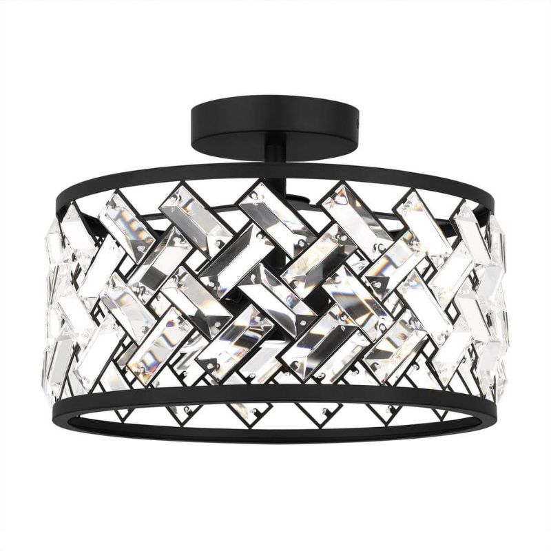 Photo 1 of  Home Decorators Collection Ravenwing 13 in. 2-Light Matte Black Semi-Flush Mount with Crystal Glass Shade 