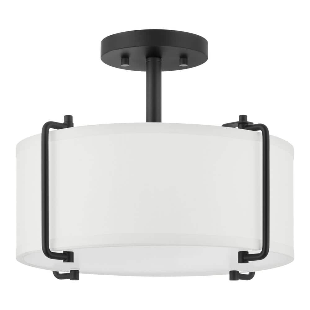 Photo 1 of  Home Decorators Collection Brookley 14 in. 2-Light Matte Black Semi-Flush Mount with White Fabric Shade 