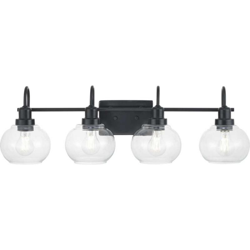 Photo 1 of  Home Decorators Collection Halyn 31.375 in. 4-Light Matte Black Bathroom Vanity Light with Clear Glass Shades 
