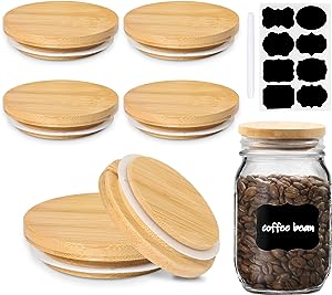 Photo 1 of Bamboo Mason Jar Lids Regular Mouth Storage Canning Jar Lids, 6 Pack Lids with Decorative Chalkboard Labels and Pen for Regular Mouth Mason Jar