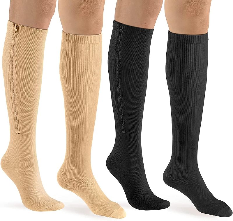 Photo 1 of bropite Zipper Compression Socks Women & Men - 2Pairs Calf Knee High 15-20mmHg Open Toe Compression Stocking suit for Walking
