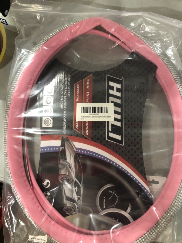 Photo 2 of HUILI Diamond Leather Bling Steering Wheel Cover, Anti-Slip Soft Interior Car Accessories for Women and Girl, Car Steering Wheel Protector with Crystal Rhinestones, Noble?rown Decor, 15 inch, Pink