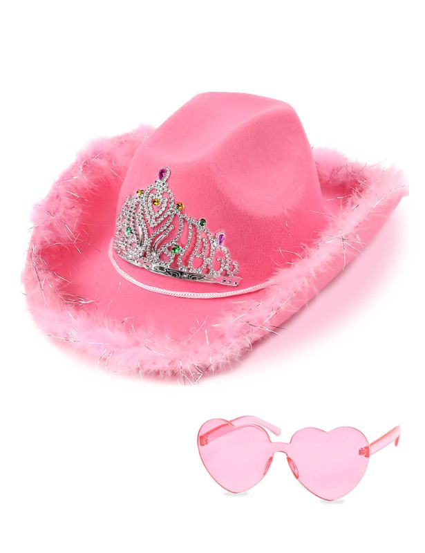 Photo 1 of JIANGLAI Cowboy Hat with Heart Shaped Sunglasses - Feather Cowgirl Hat for Halloween, Bachelorette Party Pink