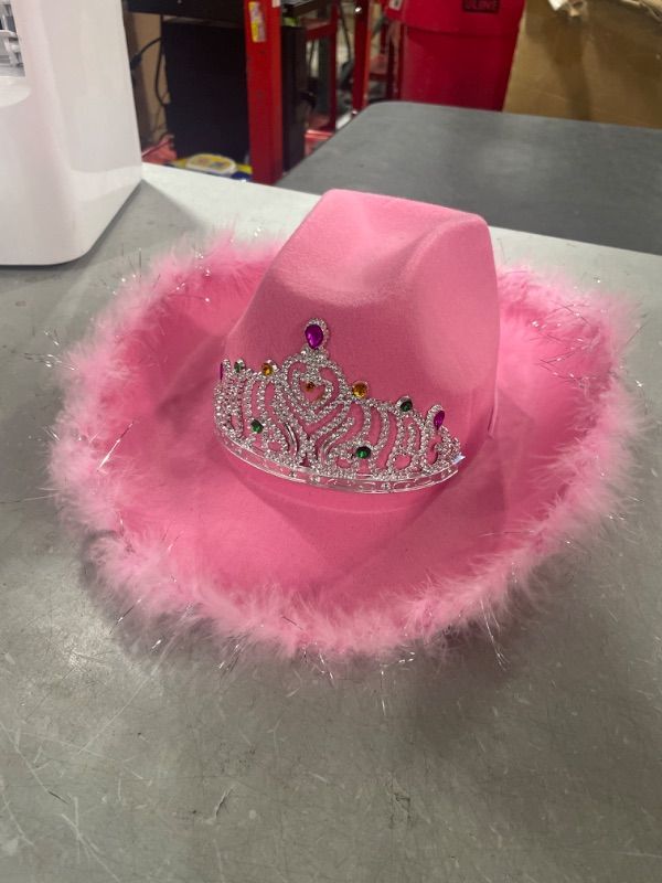 Photo 2 of JIANGLAI Cowboy Hat with Heart Shaped Sunglasses - Feather Cowgirl Hat for Halloween, Bachelorette Party Pink