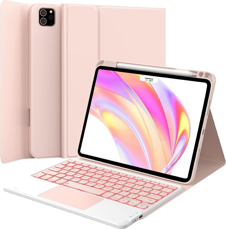 Photo 1 of GreenLaw iPad Pro 11 inch Case with Keyboard, Stain Resistant Cover, 7-Color Backlit, Smart Touchpad, 2 Device Connection, for iPad Pro 11 (4th/3rd/2nd/1st Gen), Pink Blush
