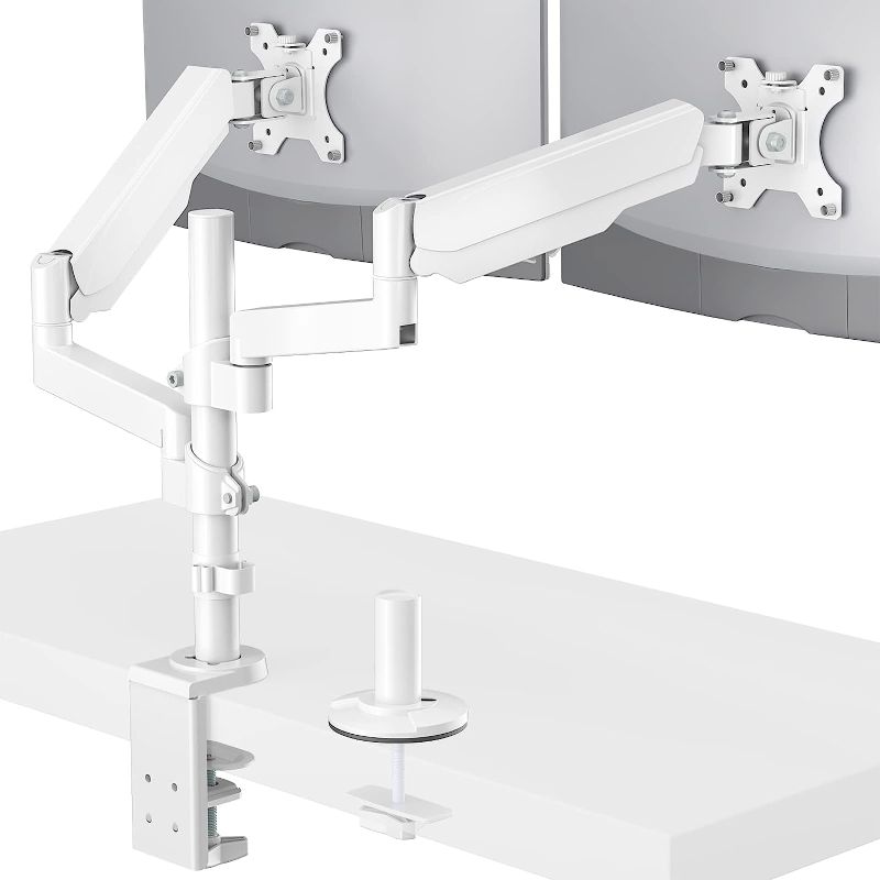 Photo 1 of WALI Dual Monitor Mount, Adjustable Gas Spring Arms Desk Mount for 2 Monitors up to 32 inch, 17.6lbs Weight Capacity, Mounting Holes 75 x 75mm or 100 x 100mm (GSDM002W), White
