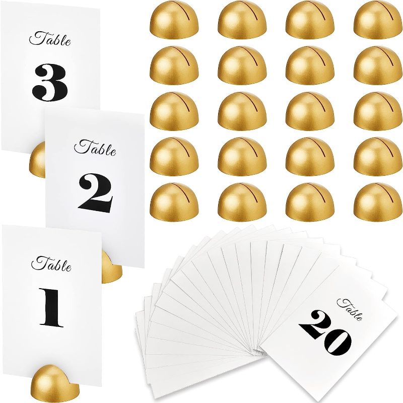 Photo 1 of 20 Pieces Table Number Cards Round Table Number Stands Modern Cursive Table Number 1-20 for Wedding Reception Anniversary Party Restaurant Events 4 x 6 Inches(Gold)
