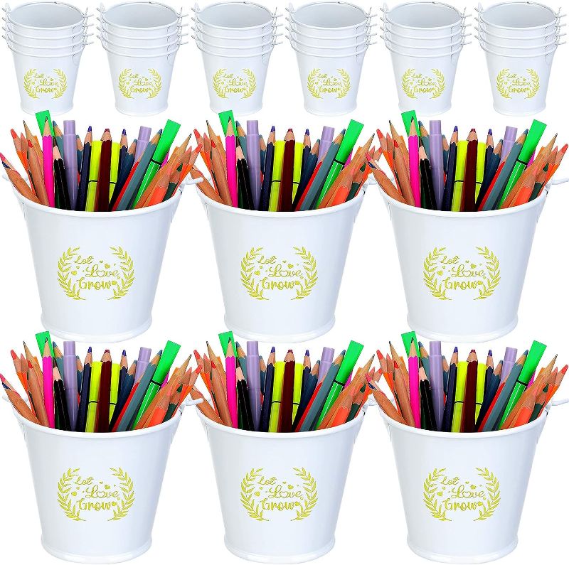 Photo 1 of 36 Pcs Multi Let Love Grow Mini Metal Bucket with Handle Bulk for Classroom Colorful Metal Bucket Organization for Teacher Metal Pail Crayon Caddy for Kids Party Favors, Use for Storage at Home
