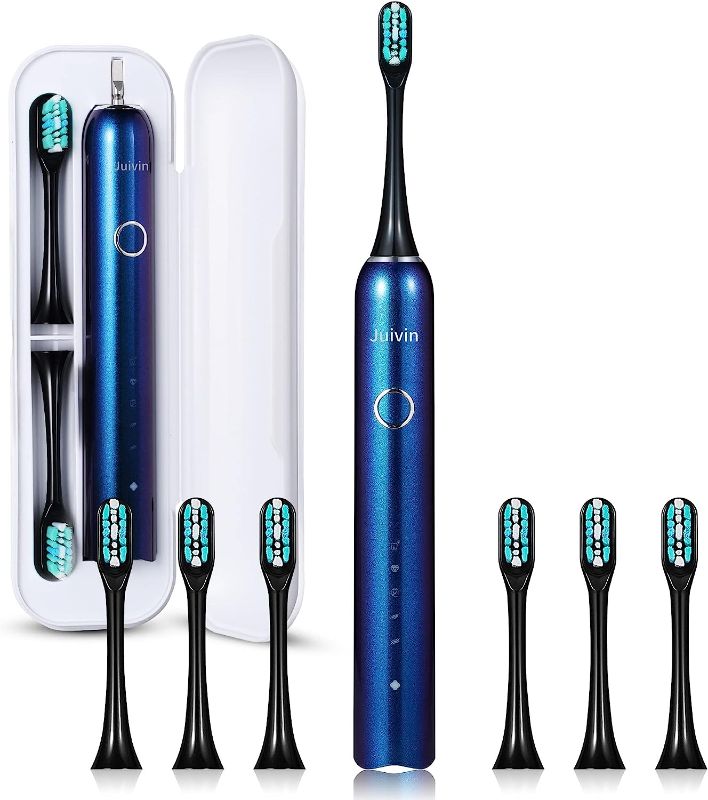 Photo 1 of Juivin Sonic Electric Toothbrush for Adults, 5 Cleaning Modes, Smart Timer, 6 Brush Heads, Rechargeable Toothbrush with Travel Case, Up to 200 Days for 1 Charge, Silent Electric Toothbrush (Ice Blue) - SEALED -
