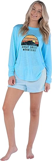 Photo 1 of Creative Apparel Concepts Women's Slub Jersey Long Sleeve Top & Solid Coral Fleece Short Pj Set - LARGE 
