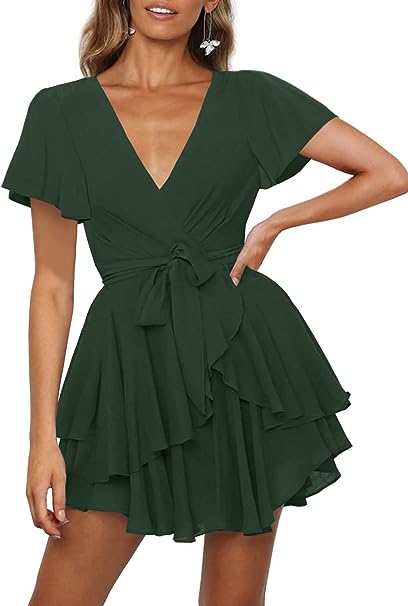 Photo 1 of Ferlema Women's Summer Wrap V Neck Ruffle Short Sleeve Tie Waist Casual A line Swing Short Mini Dress - MEDIUM 
