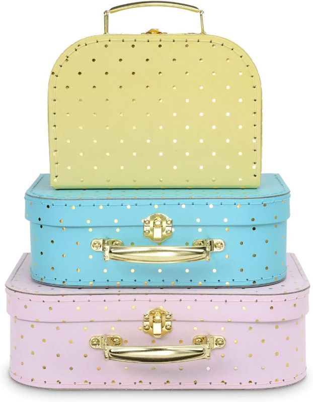 Photo 1 of 12 PACK = 1 BOX - Jewelkeeper Paperboard Vintage Suitcase - Set of 3 Decorative Vintage Luggage - Storage Cardboard Suitcase - Mini Luggage Gift Box for Birthday or Wedding - Gold Foil Polka Dots
