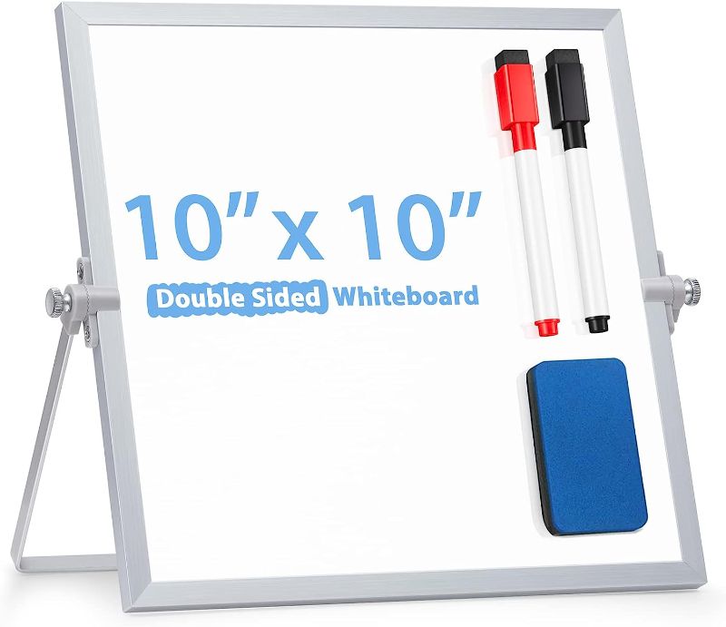 Photo 1 of 2 Pack Dry Erase White Board - 10''x10'' Magnetic Desktop Whiteboard with Stand, 8 Markers, 4 Magnets, 2 Erasers - Portable Double-Sided White Board Easel for Kids/Drawing/Memo/to Do List/Wall/School