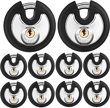 Photo 1 of 10 Pack 70 mm Pad Lock Keyed Alike Padlocks Stainless Steel Discus Lock with Black Rubber Sheath, Outdoor Disc Lock for Storage Unit, Sheds, Garages and Fence, Black Rubber Bumper with 20 Same Keys